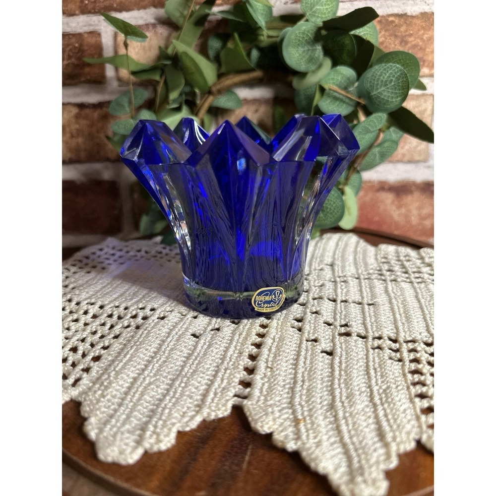 Vintage Bohemia Crystal Cobalt Blue Art Glass Candle Holder Vase 3.75" Tall